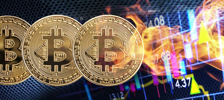 Business golden coin in fire digital currency on stock market financial indicator background. Double exposure growth futuristic chart bitcoin money investment. Investor cryptocurrency data concept.