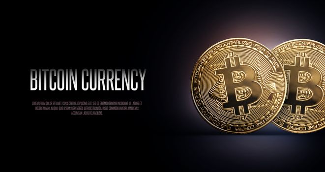 Bitcoin Banner Header. Two gold coin - Cryptocurrency with space for your own text. Concept