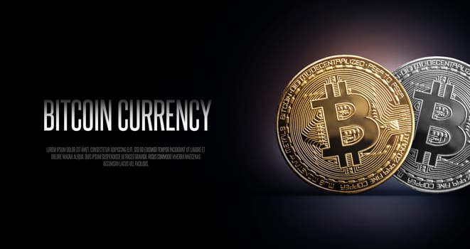 Bitcoin Banner Header. Gold and Silwer coin. Cryptocurrency with space for your own text. Concept