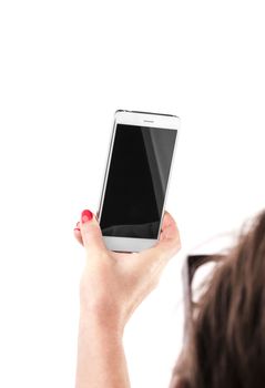 Female Hand holding and Touching a Smartphone isolated on white background.