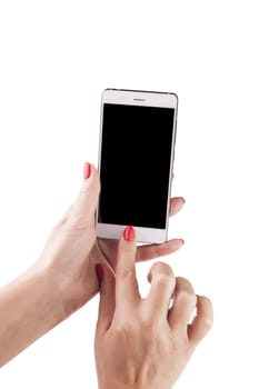 Female Hand holding and Touching a Smartphone isolated on white background.