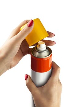 Aluminum spray can with plastic cap on hand with white background, isolated spray can on hand. With clipping path