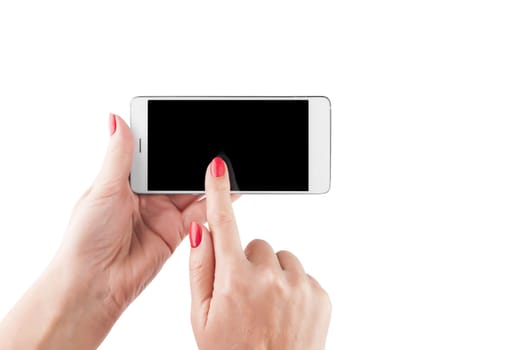 Female Hand holding and Touching a Smartphone isolated on white background.