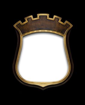 Heraldic shield diploma in wooden frame isolated on black background