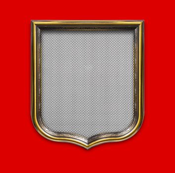 Heraldic shield diploma in wooden frame isolated on red background