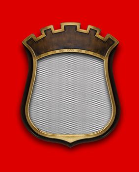 Heraldic shield diploma in wooden frame isolated on red background