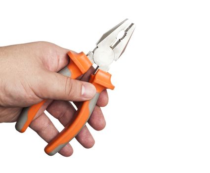 Hand holding a orange pliers isolated on white background. With clipping path