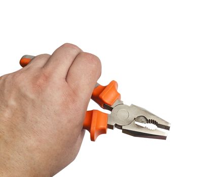 Hand holding a orange pliers isolated on white background. With clipping path