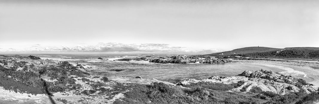 A panoramic view of Tietiesbaai at Cape Columbine near Paternoster. Monochrome