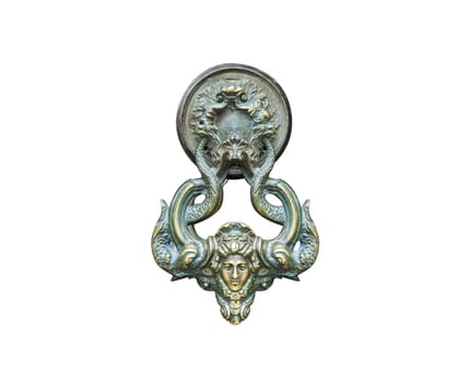 Old door metal bronze handle isolated on white background