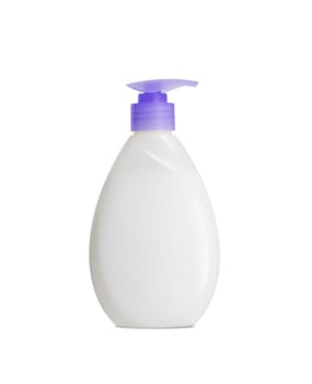 Plastic Bottle pomp with cosmetic liquid, soap or shampoo, gel. On a white background. With clipping path.