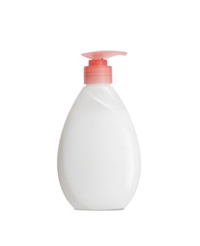 Plastic Bottle pomp with cosmetic liquid, soap or shampoo, gel. On a white background. With clipping path.