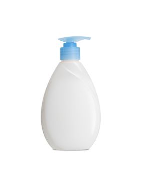 Plastic Bottle pomp with cosmetic liquid, soap or shampoo, gel. On a white background. With clipping path.