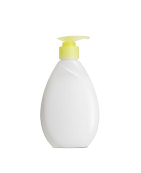 Plastic Bottle pomp with cosmetic liquid, soap or shampoo, gel. On a white background. With clipping path.