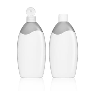 Plastic cosmetics, shampoo or gel bottle, closed and open, isolated on white background