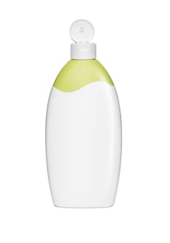 Blank white plastic cosmetics, shampoo or gel open bottle, isolated on white background
