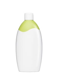 Blank white plastic cosmetics, shampoo or gel bottle, isolated on white background