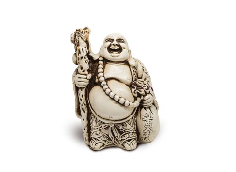 Laughing Buddha Hotei Figurine God Of Contentment and Happiness Sculpture. Isolated on white background. With clipping path