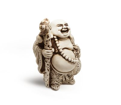 Laughing Buddha Hotei Figurine God Of Contentment and Happiness Sculpture. Isolated on white background. With clipping path