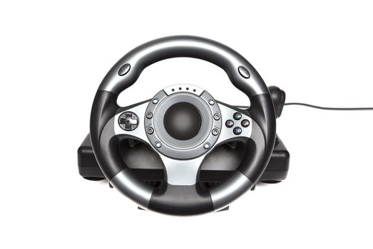 Computer gaming steering wheel. Game played on the computer. Isolated on white background