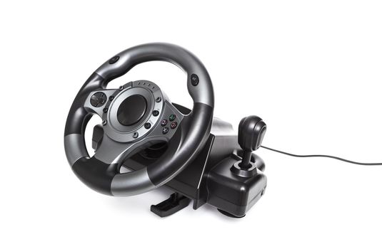 Computer gaming steering wheel. Game played on the computer. Isolated on white background