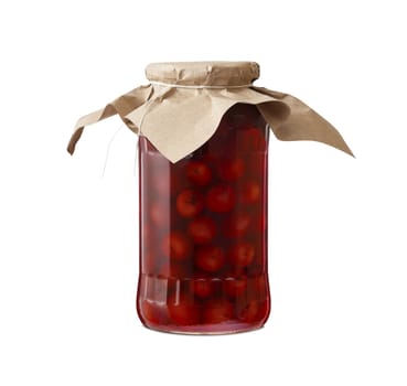Cherry compote in a glass jar. Isolated on white background. With clipping path
