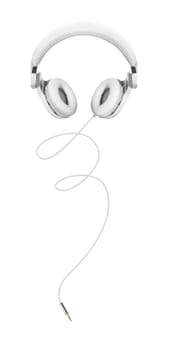 White headphones and Convention Aux cable 3.5 mm. Isolated on white background