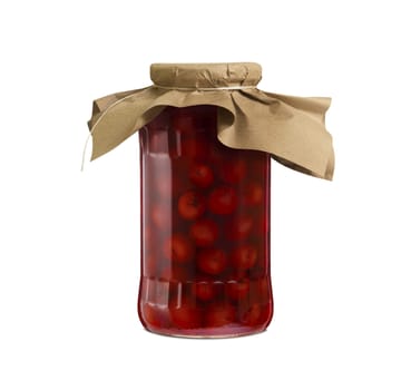 Cherry compote in a glass jar. Isolated on white background. With clipping path
