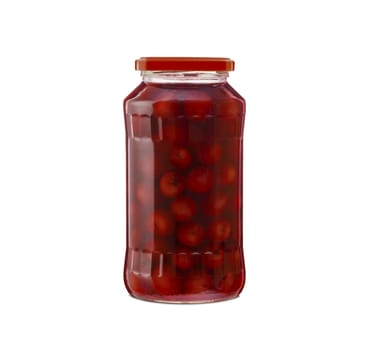 Cherry compote in a glass jar. Isolated on white background. With clipping path