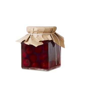 Cherry compote in a glass jar. Isolated on white background. With clipping path