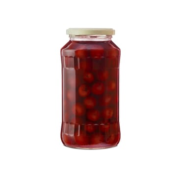 Cherry compote in a glass jar. Isolated on white background. With clipping path