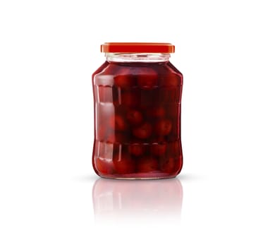 Cherry compote in a glass jar. Isolated on white background. With clipping path