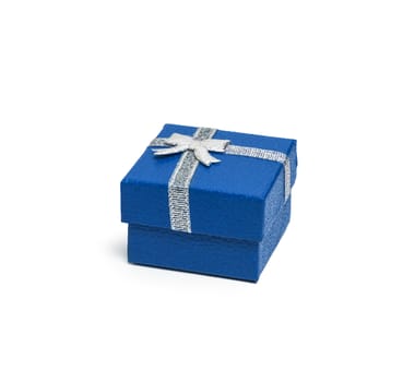 Blue gift box with silver ribbon isolated on white background