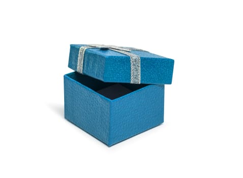 Open Blue colour gift box with silver ribbon isolated on white background