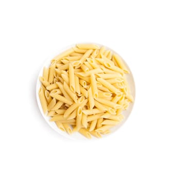 Pasta penne macaroni in bowl over isolated on a white background. Products from flour.