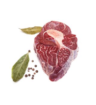 Steak beef with bone, Bay leaf and black pepper beans isolated on white background