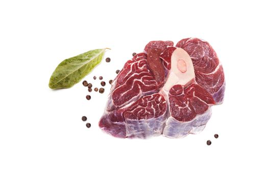 Steak beef with bone, Bay leaf and black pepper beans isolated on white background