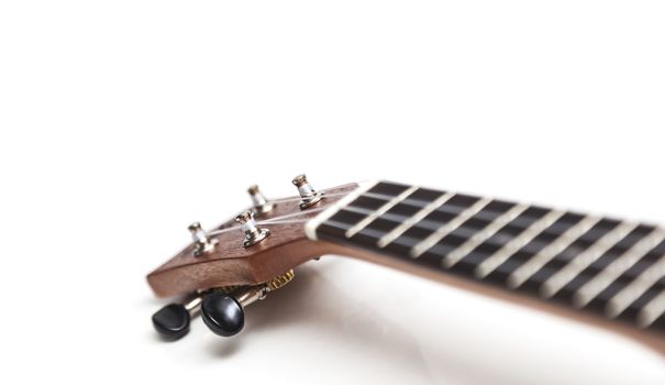 The brown ukulele guitar isolated on the white background. Blurred concept