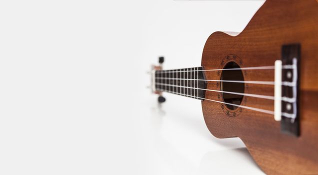 The brown ukulele guitar isolated on the white background. Blurred concept