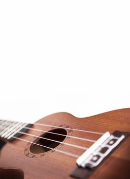 The brown ukulele guitar isolated on the white background. Blurred concept