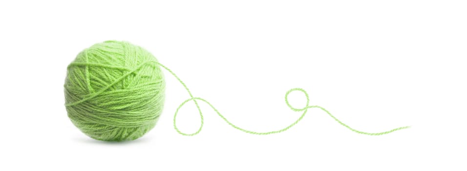 Green ball of Threads wool yarn isolated on white background