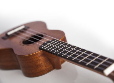 The brown ukulele guitar isolated on the white background. Blurred concept