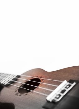 The brown ukulele guitar isolated on the white background. Blurred concept