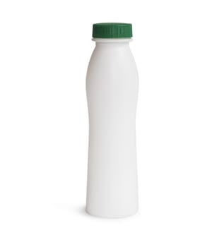Milk or shampoo plastic bottle with green cap. Isolated on white background