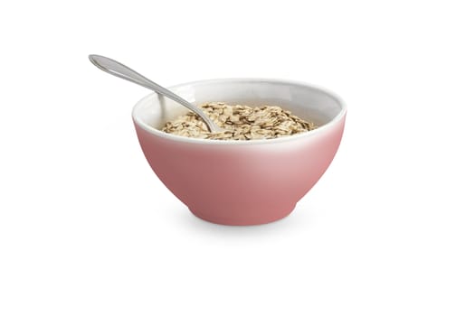 Food. Oatmeal or dry cereal in a red bowl. Isolated on white background. With clipping path
