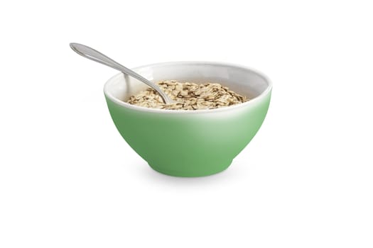 Food. Oatmeal or dry cereal in a green bowl. Isolated on white background. With clipping path