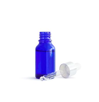 Opened Dropper Bottle. Blue conteiner isolated on white background. With clipping path