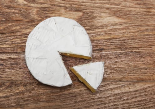 French Camembert cheese on rustic wooden table background