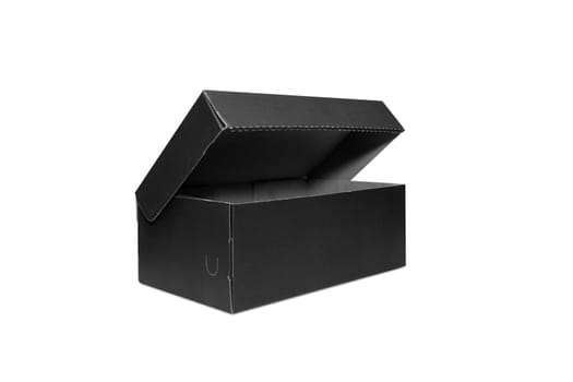 Empty black Cardboard box with opened lid isolated on white background. With clipping path.