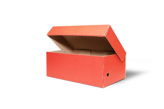 Empty Red Cardboard box with opened lid isolated on white background. With clipping path.
